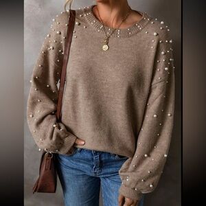 Knitted Pullover Sweater With Pearl Embellishments